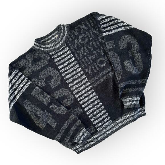 Vintage 90's Crewneck Sweater Black & Gray Patterned Ground Zero Men's XL Preppy - Picture 2 of 8